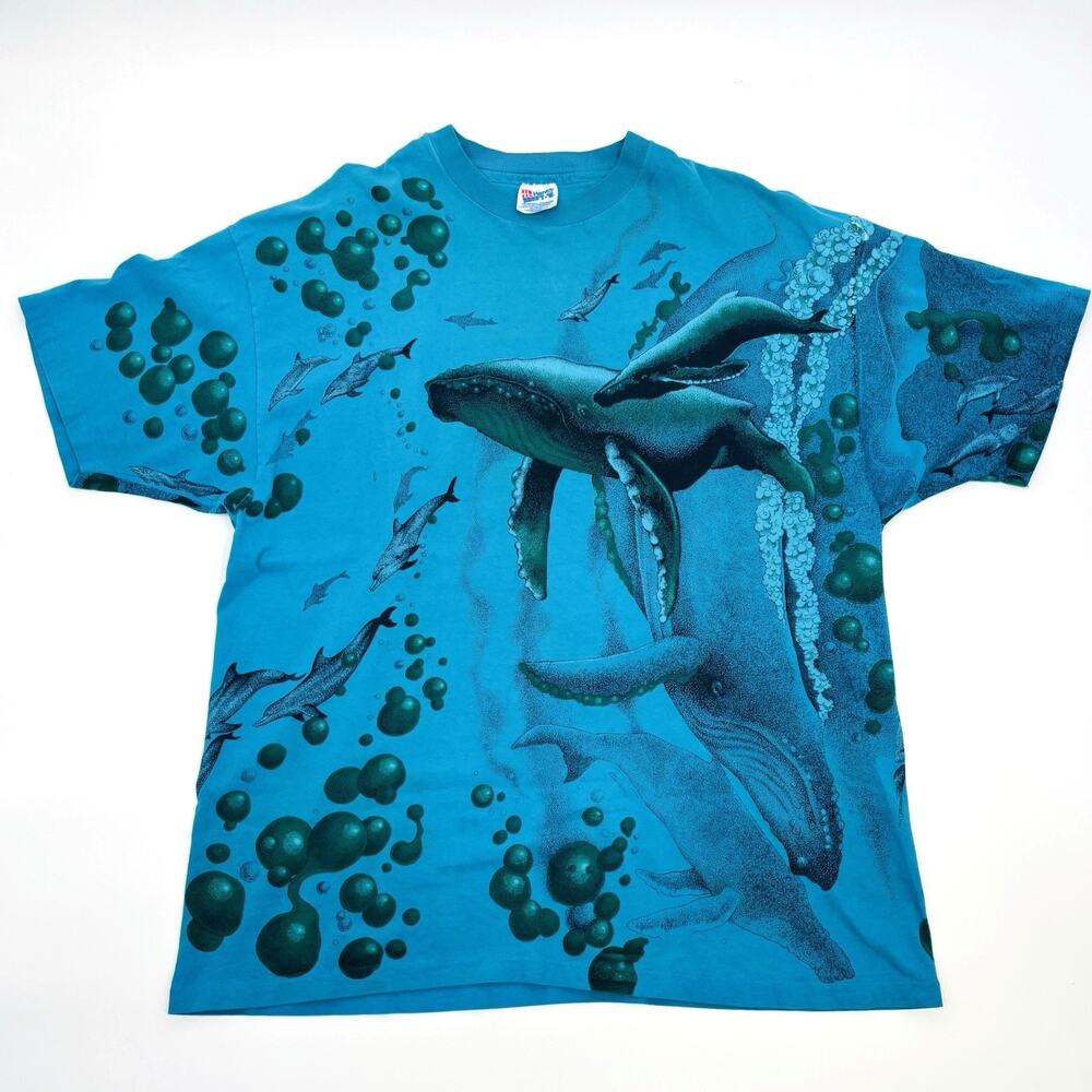 VTG 90s Nature T Shirt AOP Harlequin Humpback Whale T-Shirt XXL Blue/Green VTG